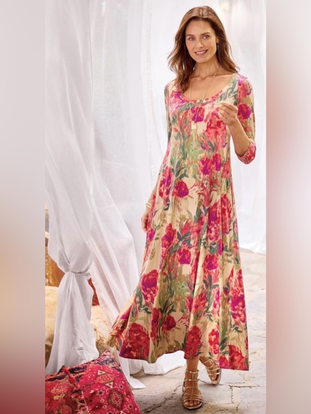 Soft Surroundings Santiago Rose Ikat Scoop Neck Maxi Dress Size PL